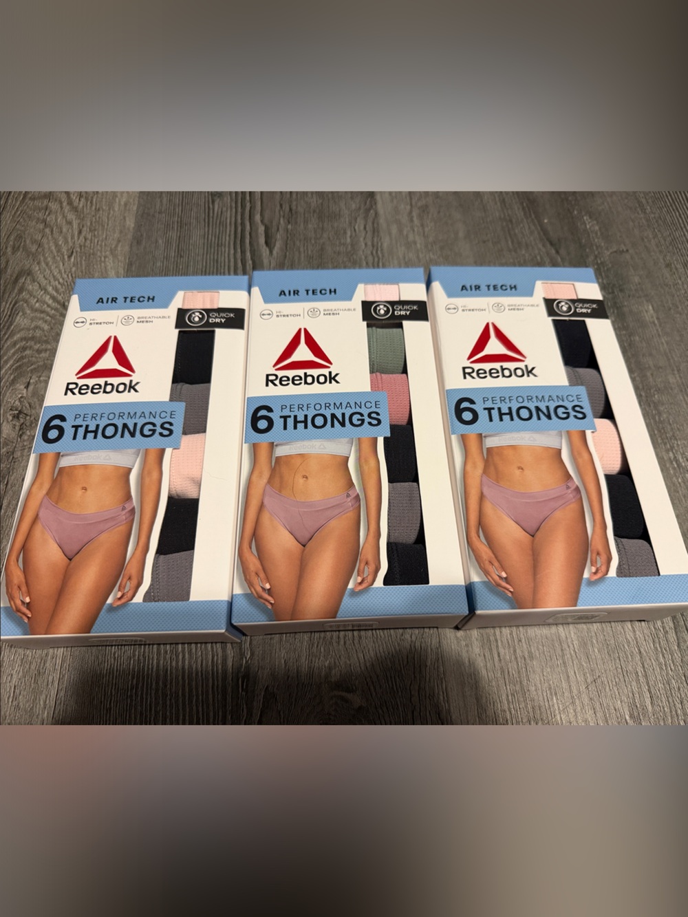 Reebok Air Tech 6-Pack Thongs in Black, Pink, Gray, Green 3 packs
